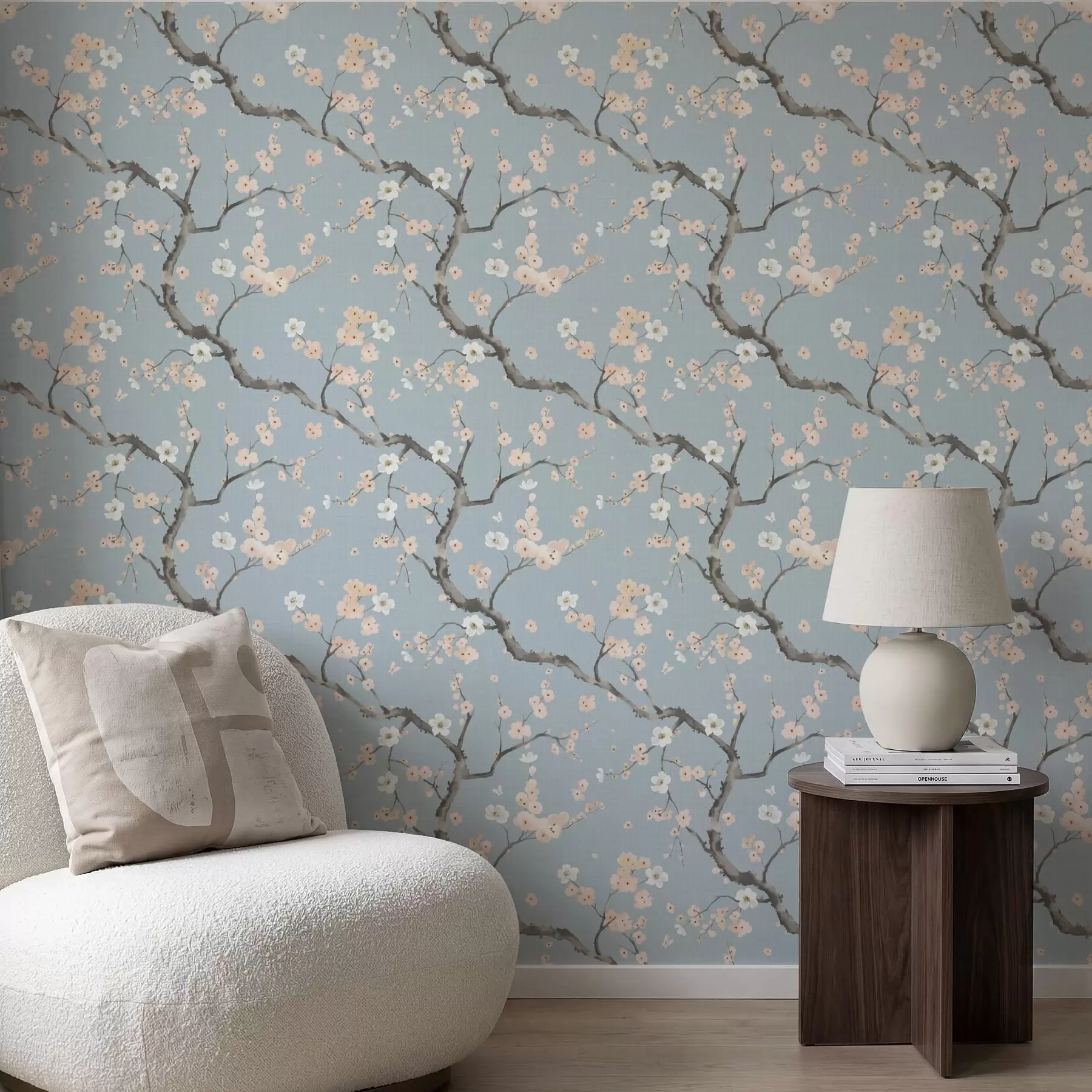 Papier peint Des branches en fleurs sur fond bleu a01155