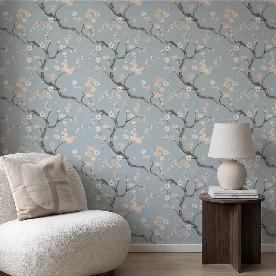 Papier peint Des branches en fleurs sur fond bleu a01155