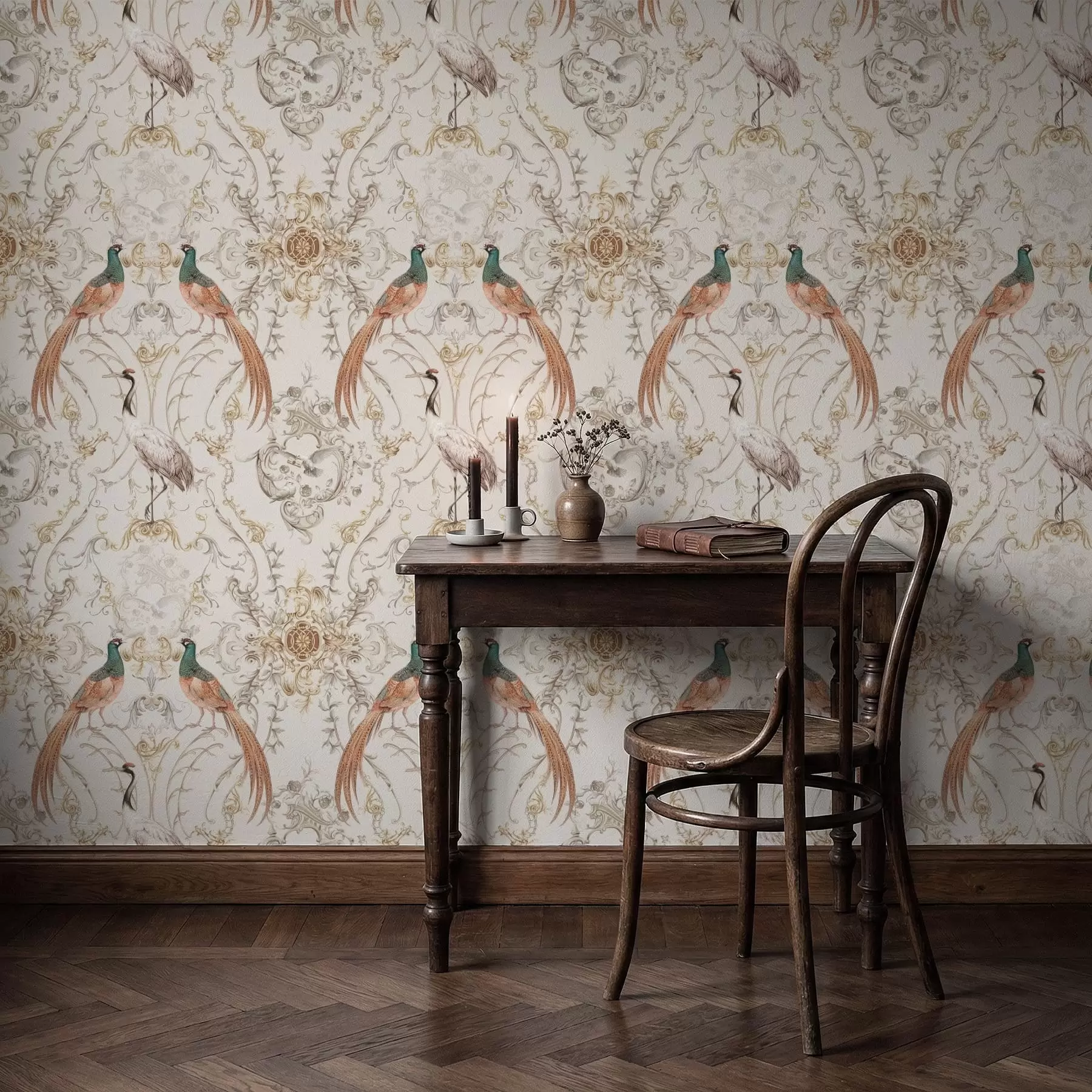 Papier peint Motif décoratif représentant des oiseaux et divers motifs a01156