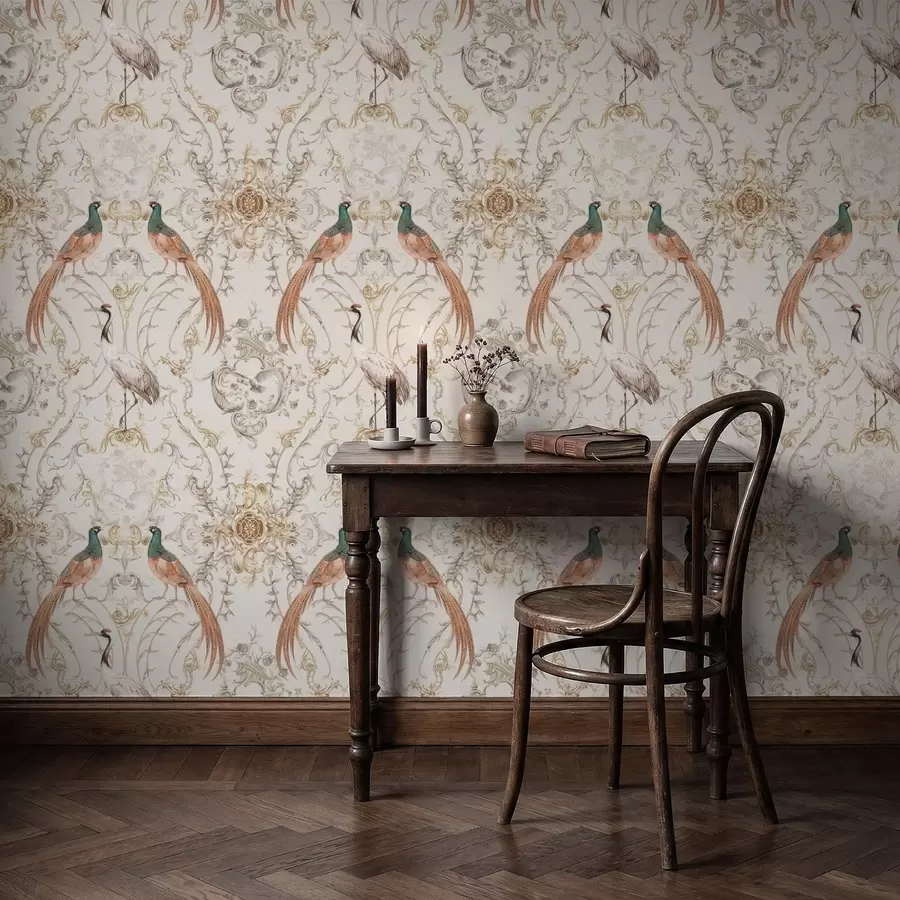 Papier peint Motif décoratif représentant des oiseaux et divers motifs a01156