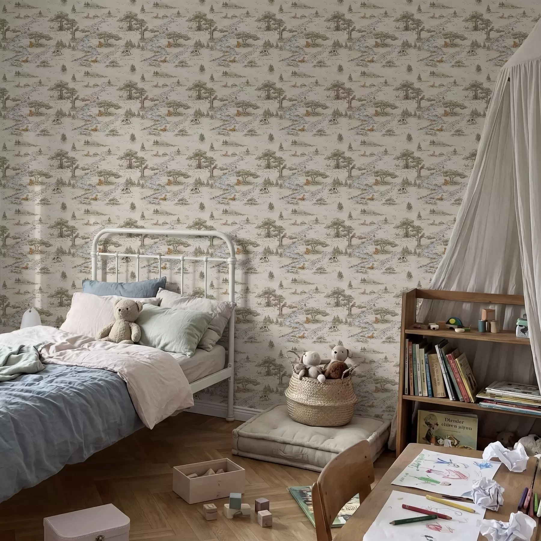 Papier peint Illustration de la nature avec des animaux et une rivière a01157