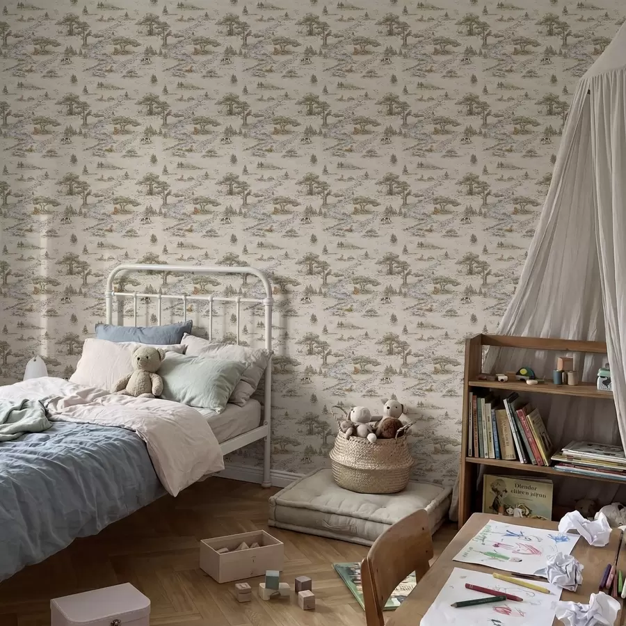 Papier peint Illustration de la nature avec des animaux et une rivière a01157