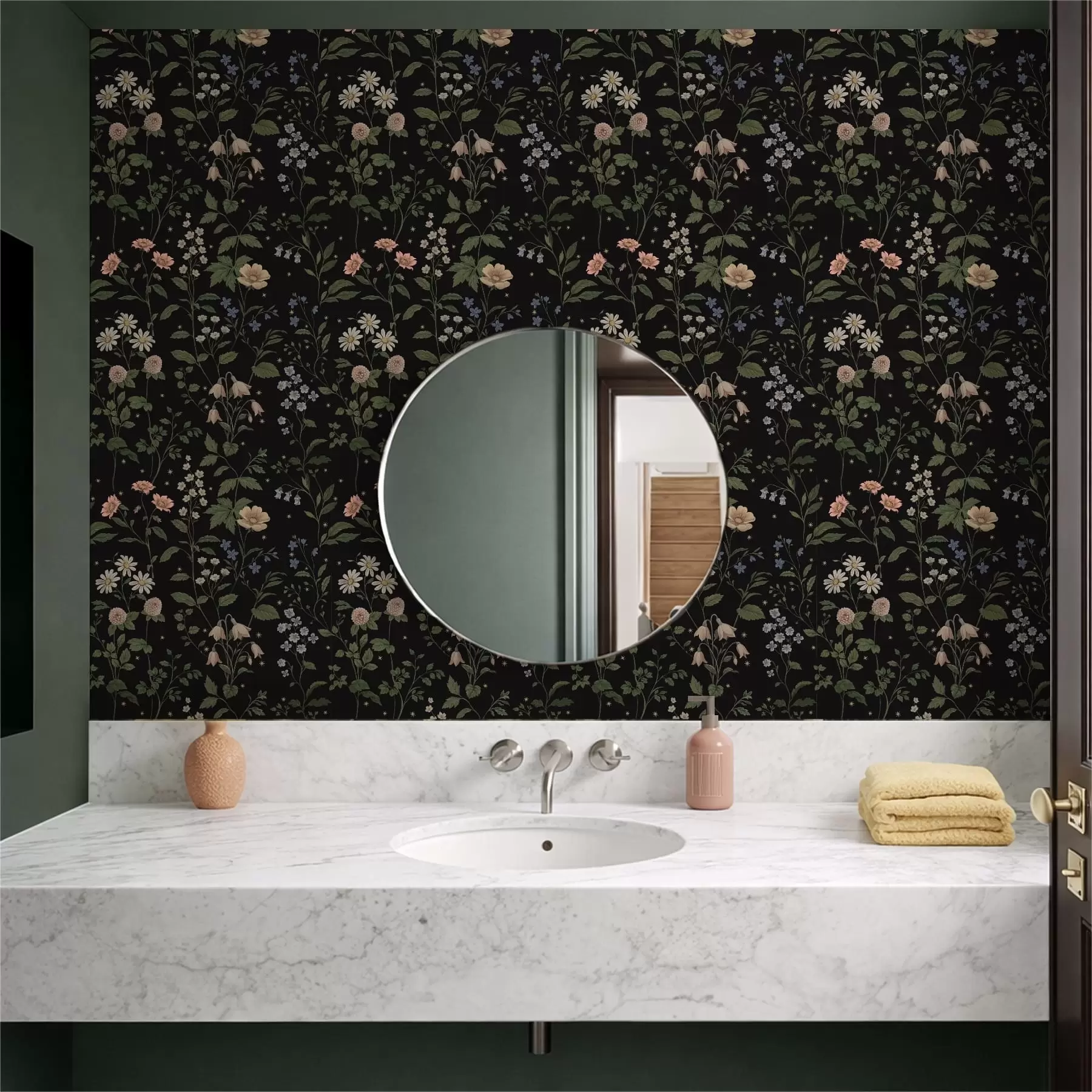 Papier peint Motif floral sur fond noir avec des étoiles a01160