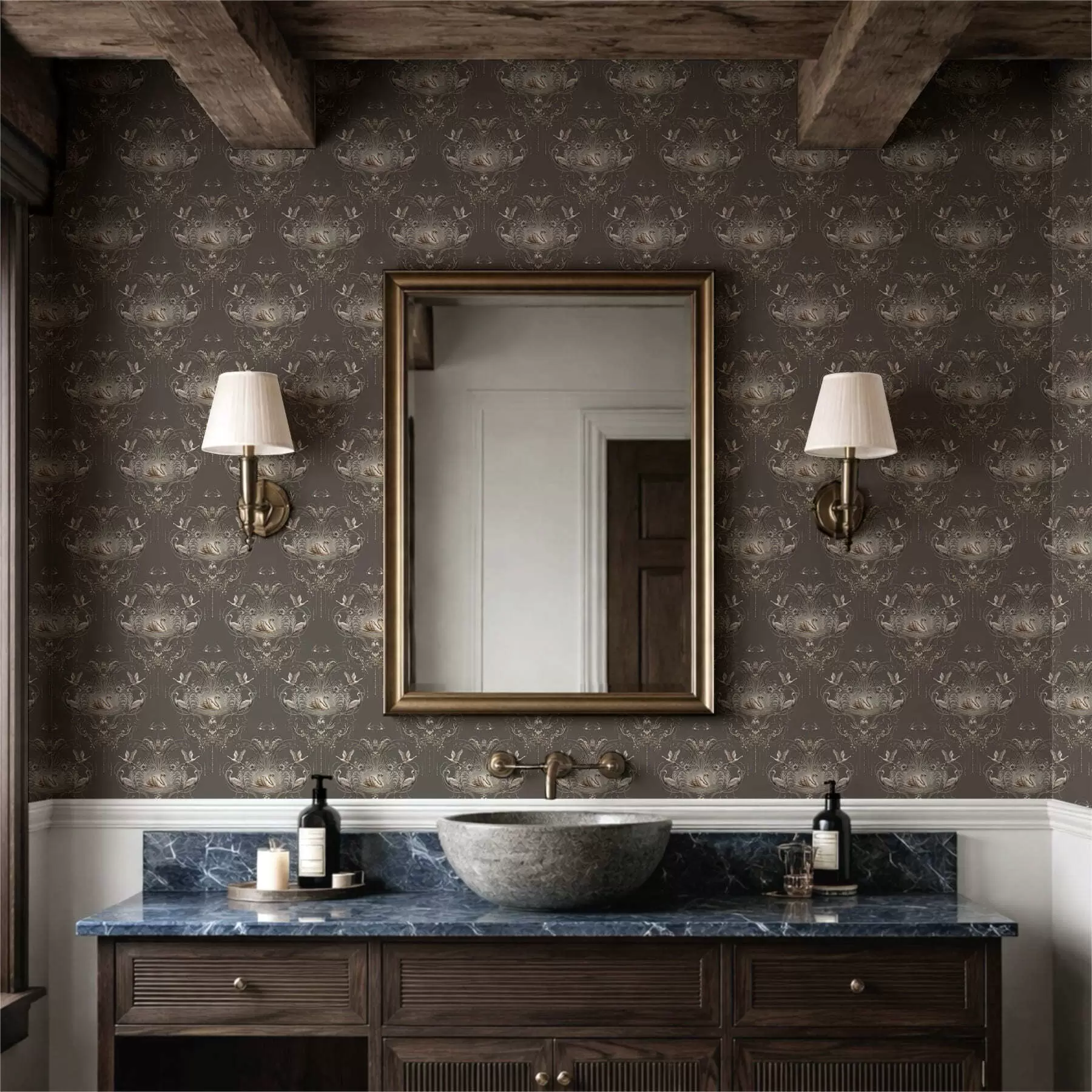 Papier peint Ornement représentant des cygnes et des oiseaux, de style classique a01161