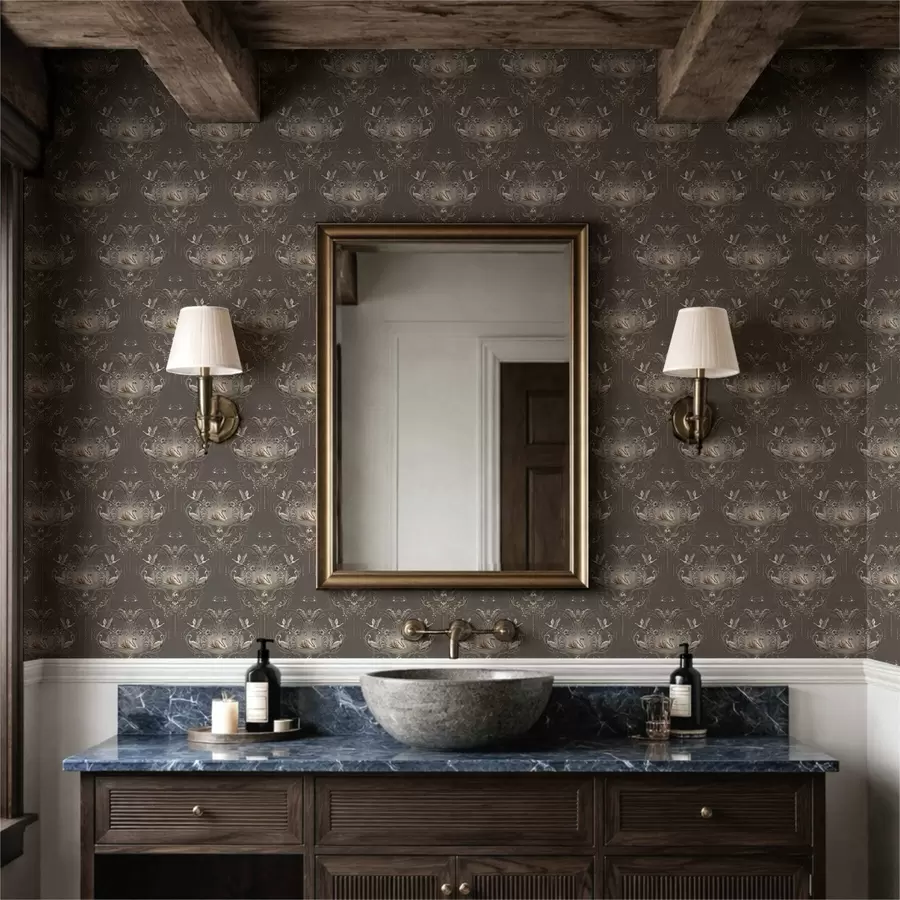 Papier peint Ornement représentant des cygnes et des oiseaux, de style classique a01161