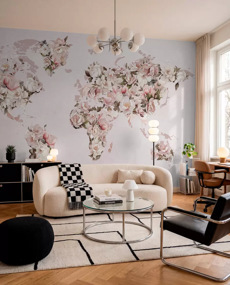 Papier peint Une carte du monde rose composée de grandes pivoines blanches et roses c00005