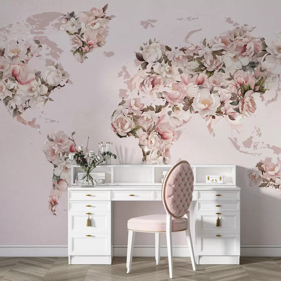 Papier peint Une carte du monde rose composée de grandes pivoines blanches et roses c00005