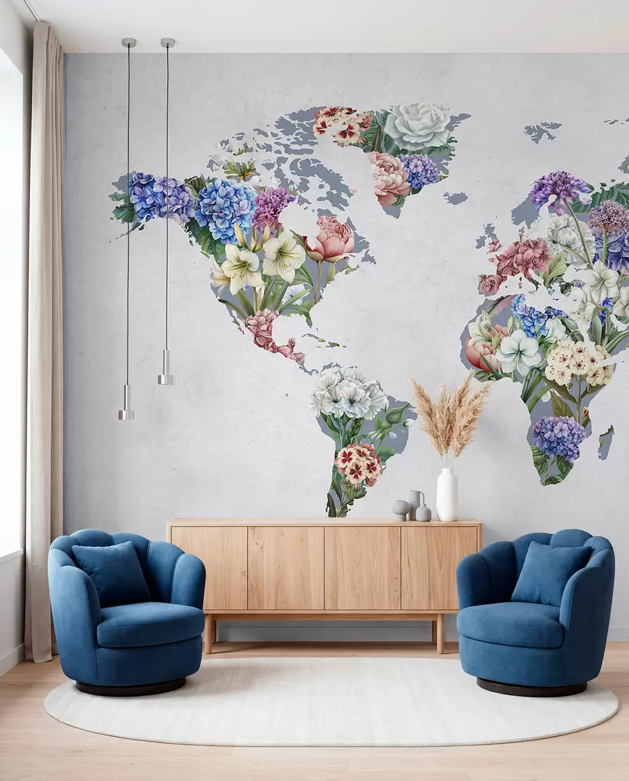 Papier peint Une carte du monde colorée, composée d'une variété de fleurs aux couleurs vives c00006