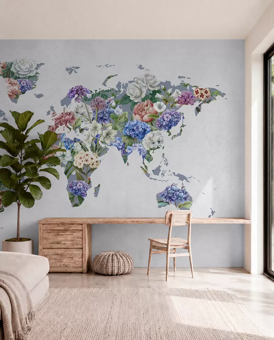 Papier peint Une carte du monde colorée, composée d'une variété de fleurs aux couleurs vives c00006