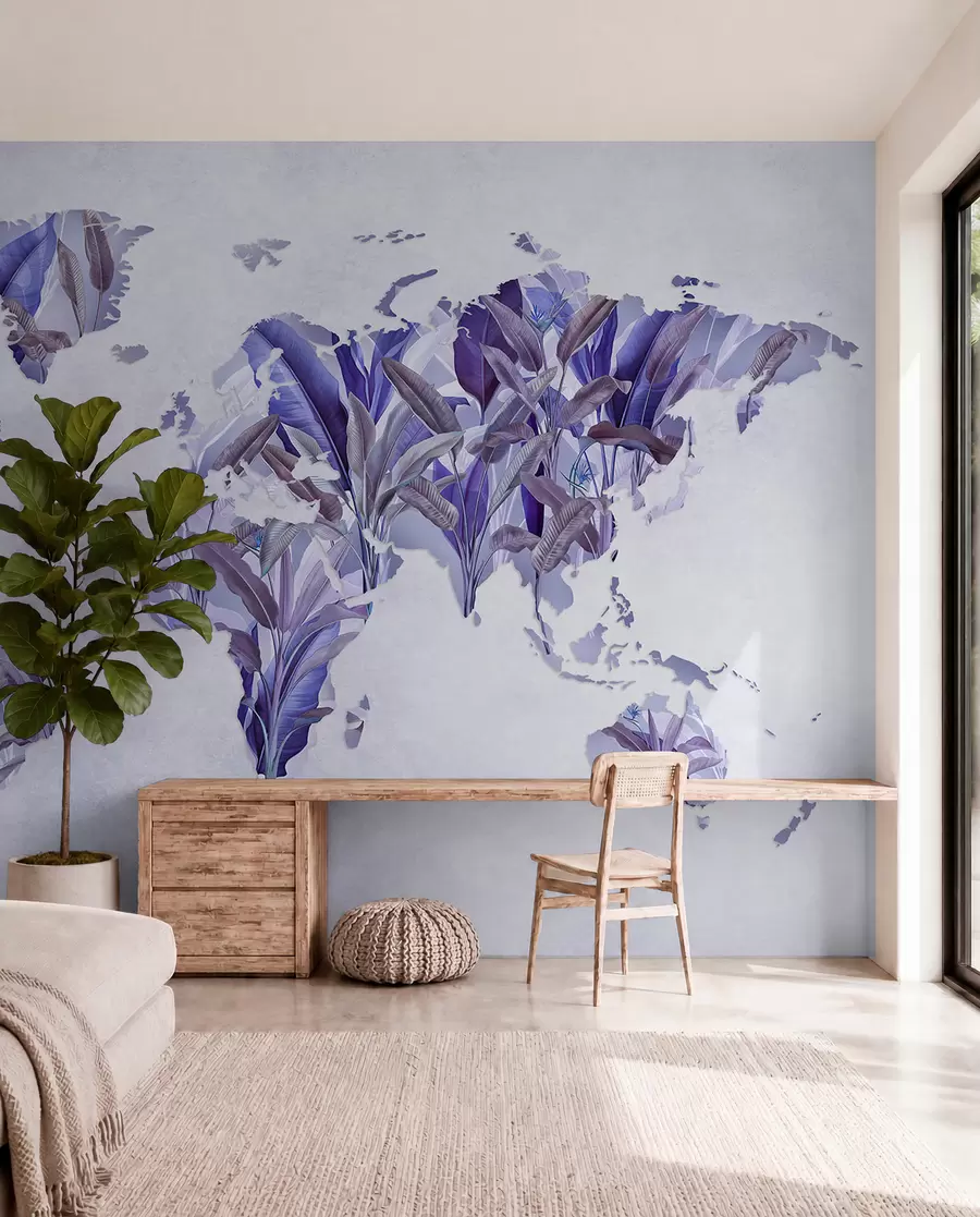 Papier peint Une carte du monde violette réalisée à partir de feuilles de bananier c00007v1
