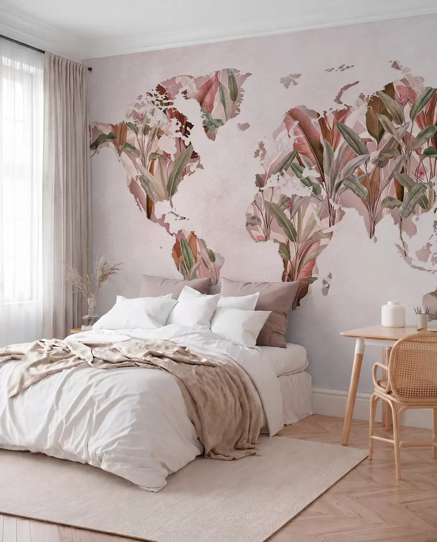 Papier peint Une carte du monde rose réalisée à partir de feuilles de bananier c00007v2