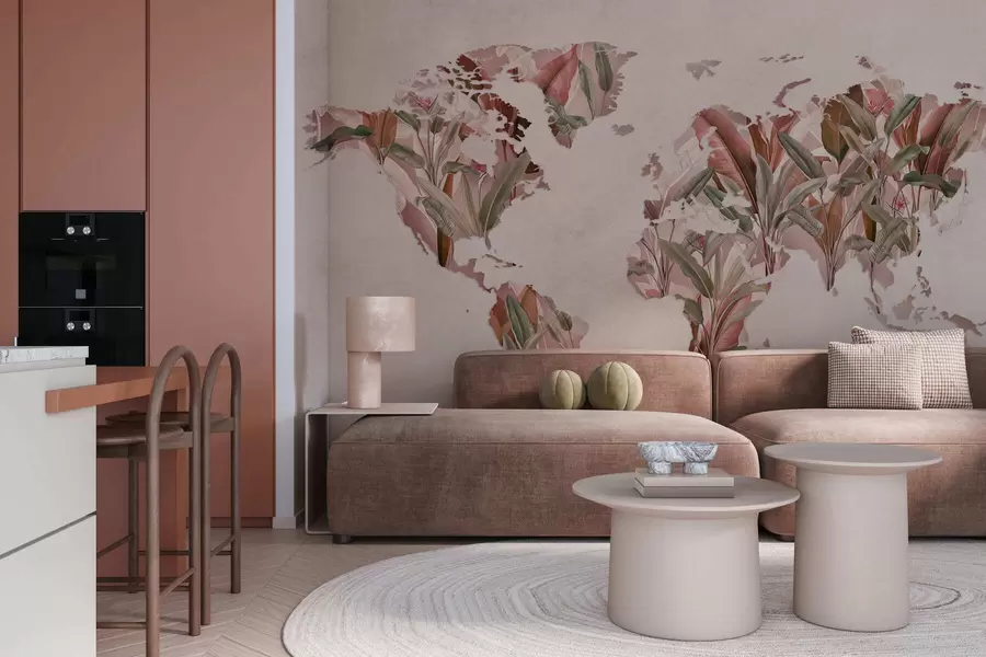 Papier peint Une carte du monde rose réalisée à partir de feuilles de bananier c00007v2