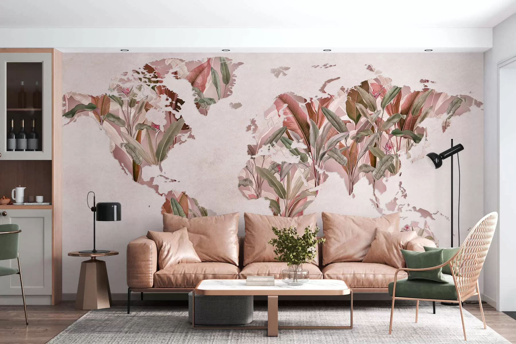 Papier peint Une carte du monde rose réalisée à partir de feuilles de bananier c00007v2
