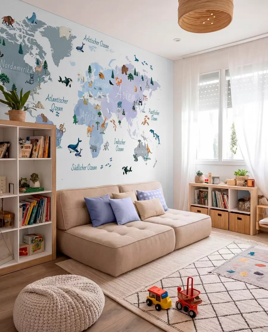 Papier peint Une carte bleue de style aquarelle représentant des animaux, des plantes et des bâtiments. Légendes en allemand c00009dev1