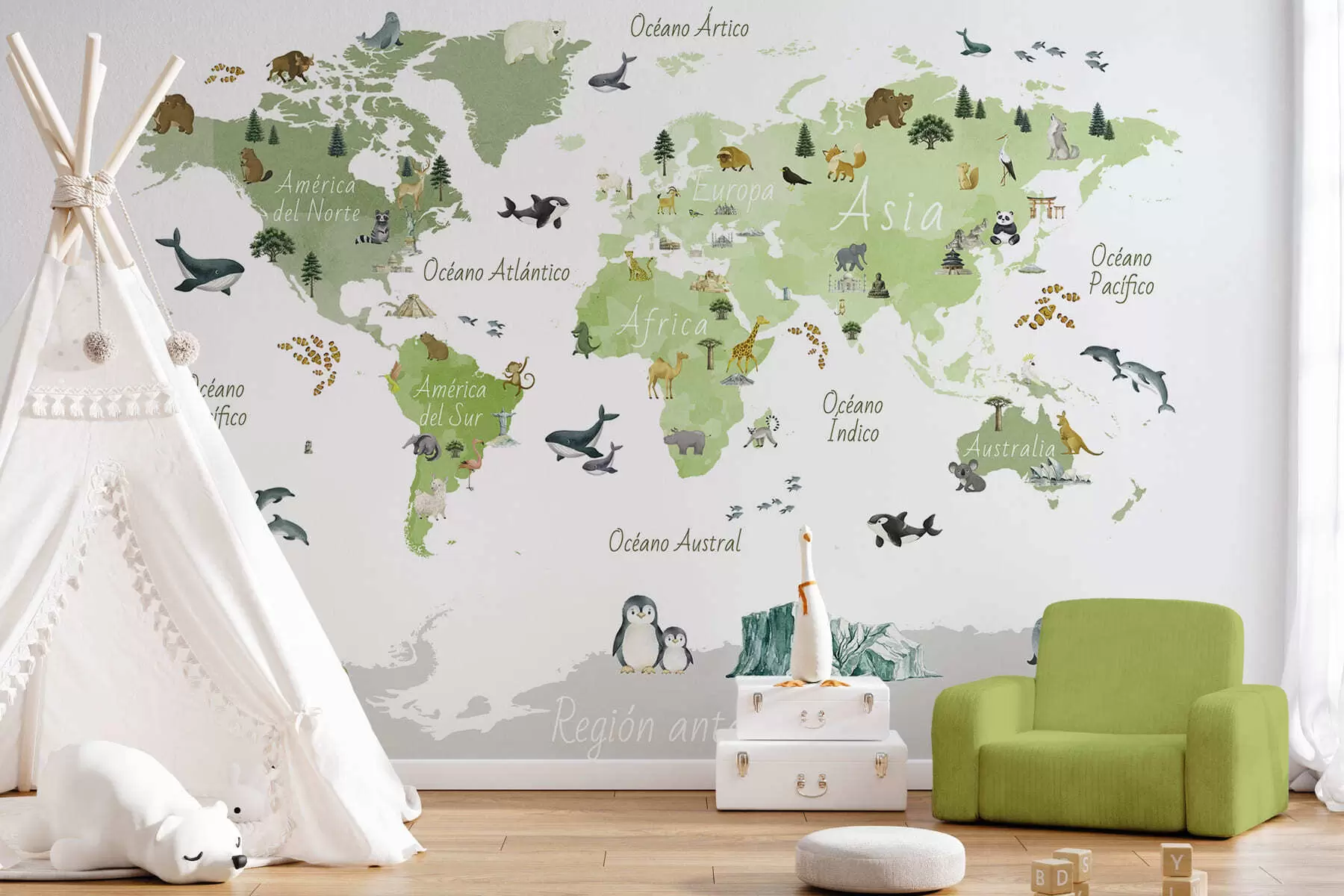 Papier peint Une carte verte de style aquarelle représentant des animaux, des plantes et des bâtiments. Légendes en espagnol c00009esv2