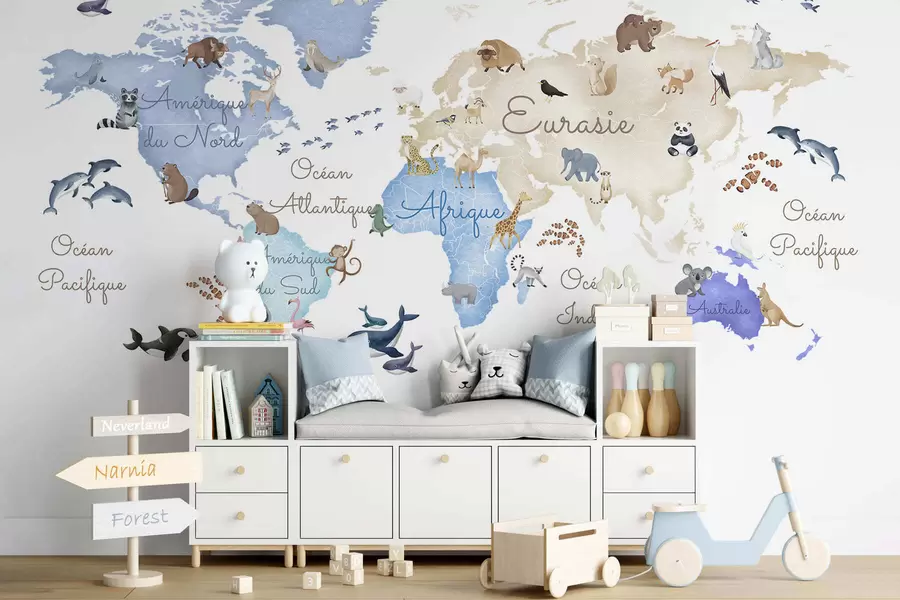 Papier peint Une carte bleue de style aquarelle représentant des animaux. Légendes en français c00012frv1