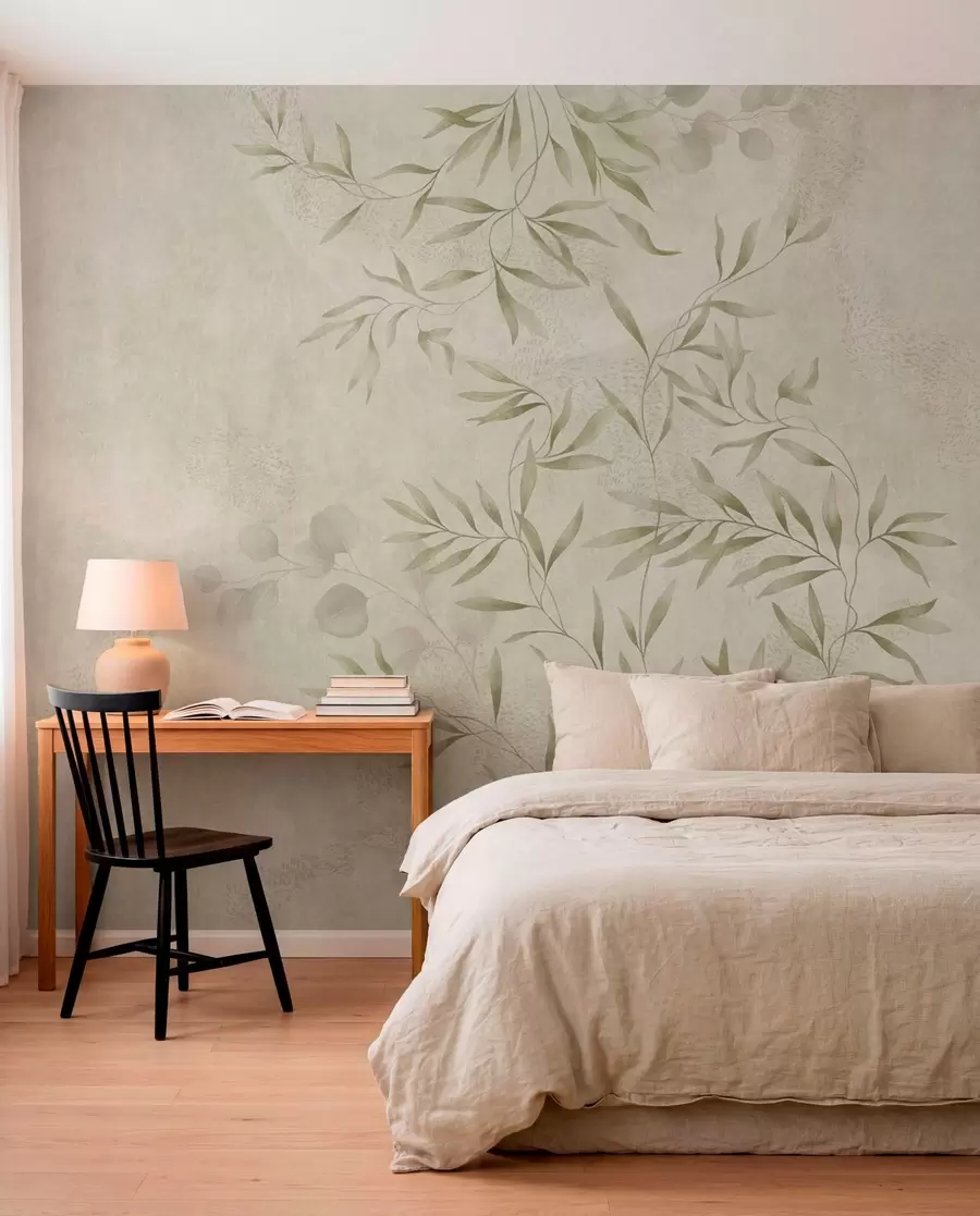 Papier peint Motif botanique dans des tons vert clair sur un fond texturé w05424v1