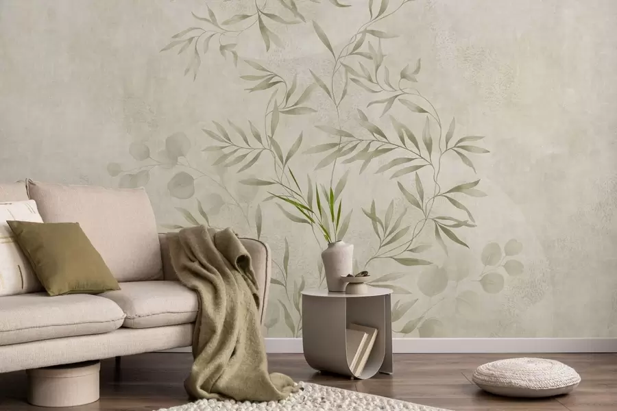 Papier peint Motif botanique dans des tons vert clair sur un fond texturé w05424v1