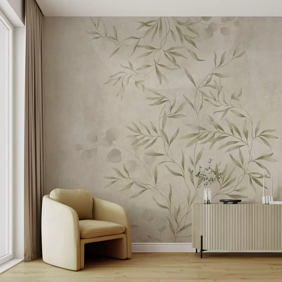 Papier peint Motif botanique dans des tons vert clair sur un fond texturé w05424v1