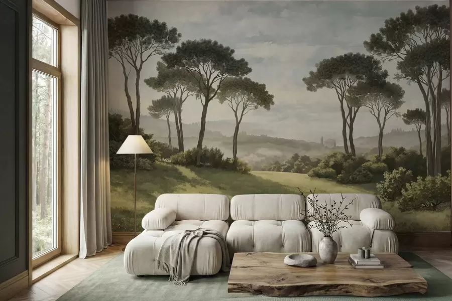 Papier peint Paysage avec des arbres, une prairie et de la brume au loin w05122v1