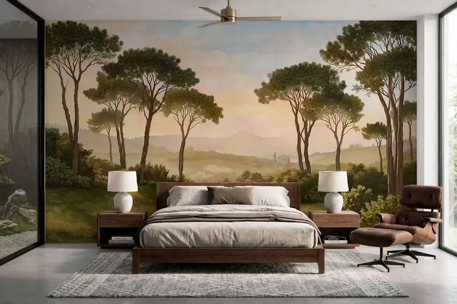 Papier peint Paysage avec des arbres baignés dans la lumière chaude du coucher de soleil w05122