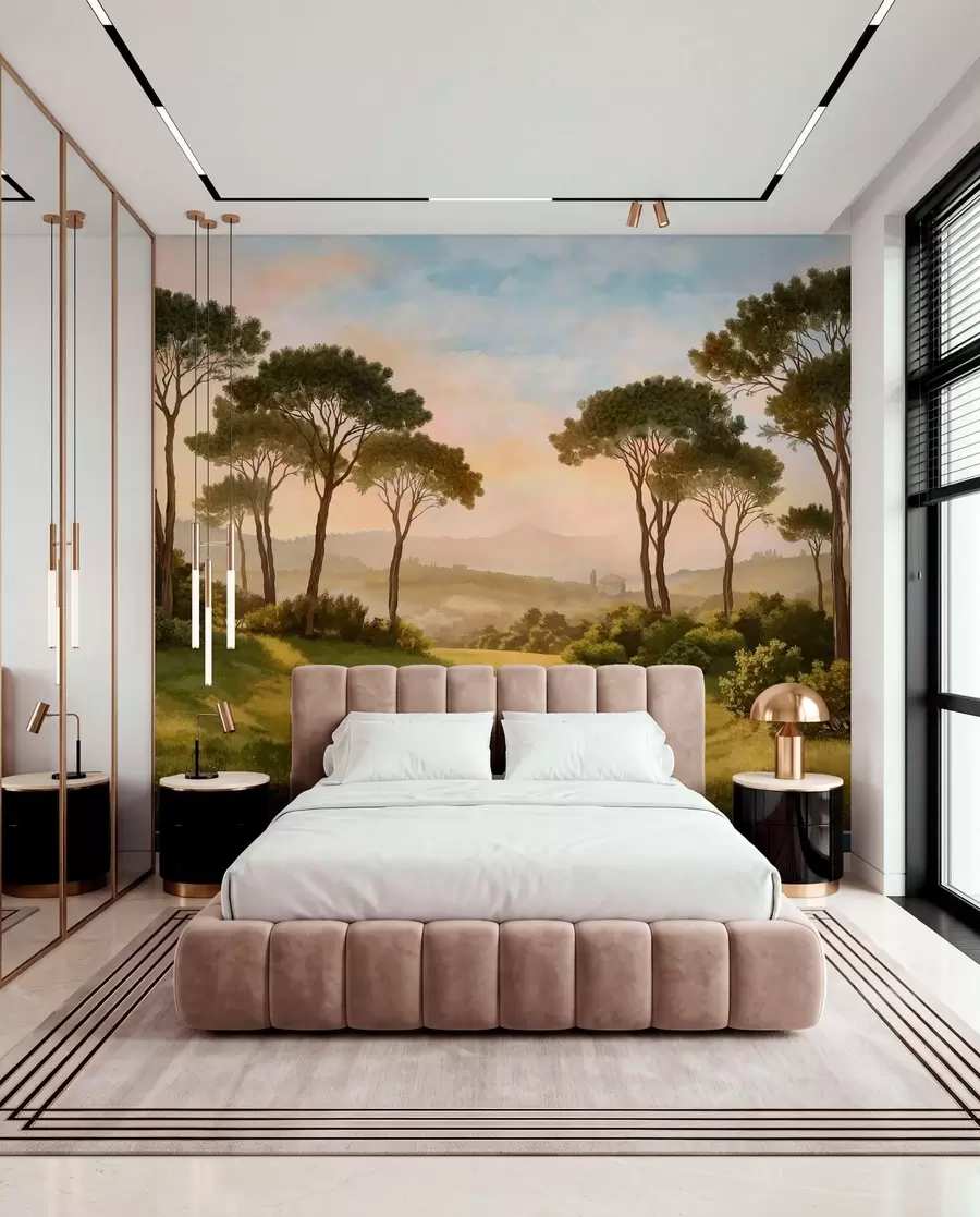 Papier peint Paysage avec des arbres baignés dans la lumière chaude du coucher de soleil w05122