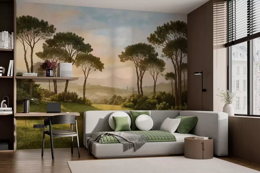 Papier peint Paysage avec des arbres baignés dans la lumière chaude du coucher de soleil w05122