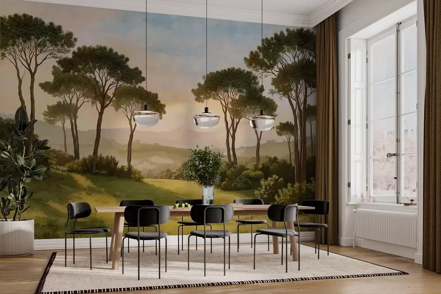 Papier peint Paysage avec des arbres baignés dans la lumière chaude du coucher de soleil w05122