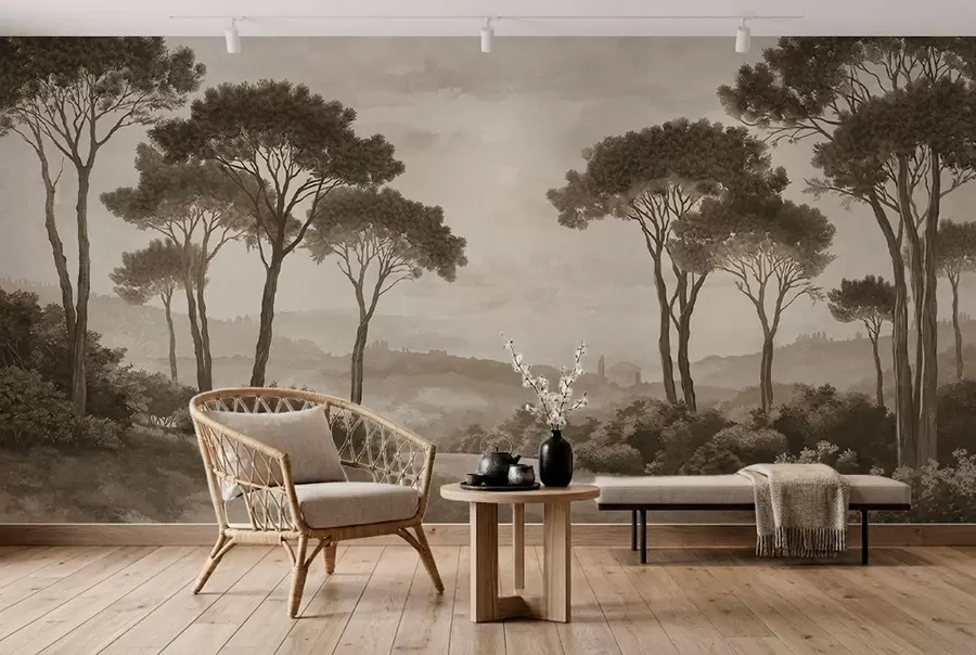 Papier peint Paysage avec des arbres dans des tons sépia vintage w05122v2