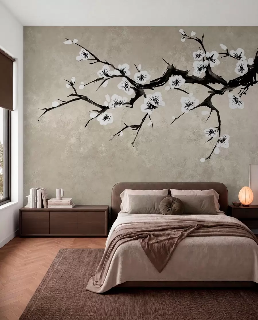 Papier peint Branche fleurie de blanc, dans un style minimaliste w05425