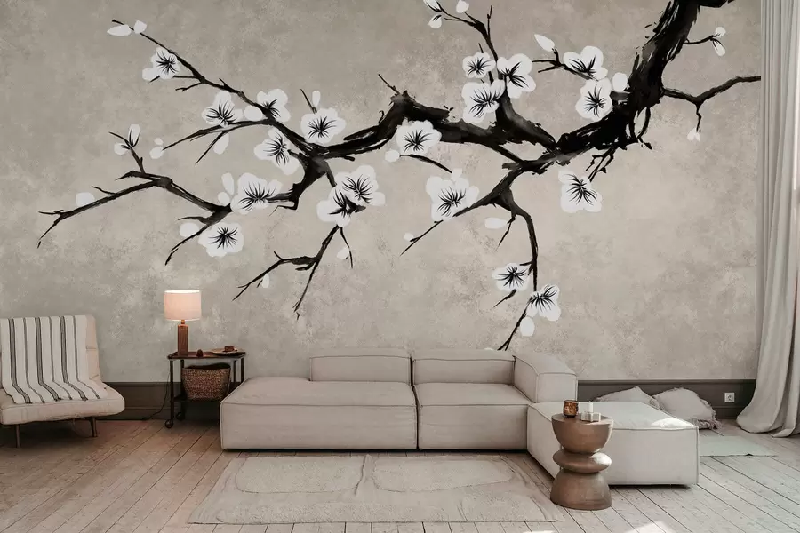 Papier peint Branche fleurie de blanc, dans un style minimaliste w05425