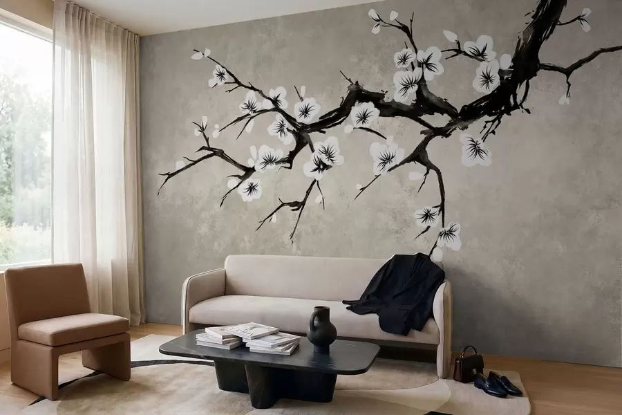Papier peint Branche fleurie de blanc, dans un style minimaliste w05425
