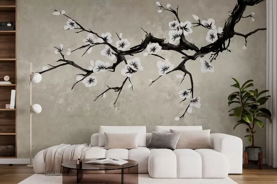 Papier peint Branche fleurie de blanc, dans un style minimaliste w05425