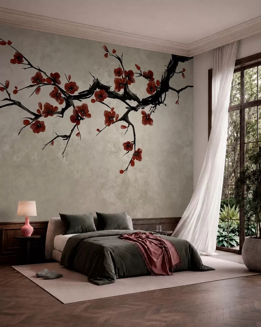 Papier peint Branche aux fleurs rouge foncé sur fond neutre w05425v1