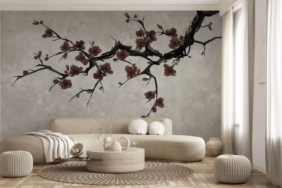 Papier peint Branche aux fleurs rouge foncé sur fond neutre w05425v1