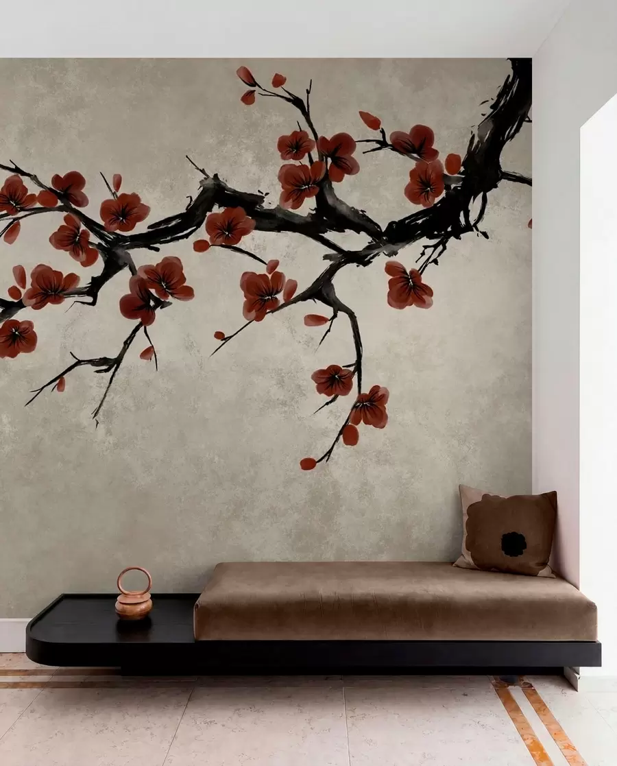 Papier peint Branche aux fleurs rouge foncé sur fond neutre w05425v1