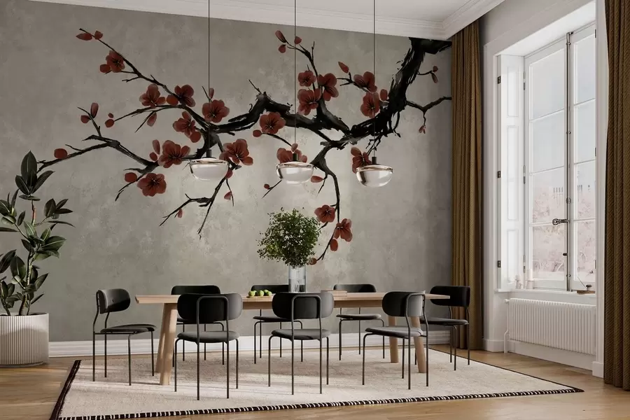 Papier peint Branche aux fleurs rouge foncé sur fond neutre w05425v1