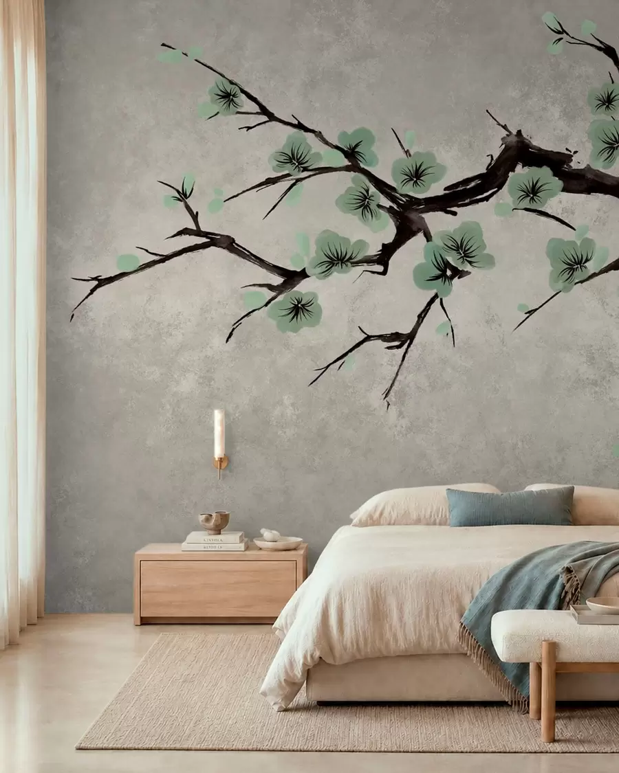 Papier peint Branche aux fleurs vertes dans des tons apaisants w05425v2