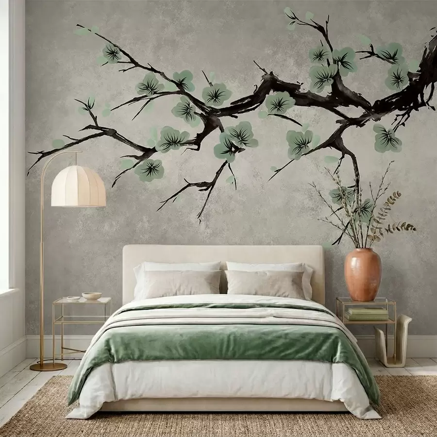 Papier peint Branche aux fleurs vertes dans des tons apaisants w05425v2