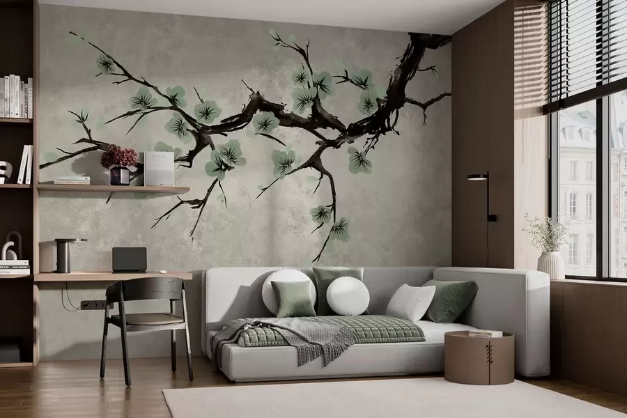 Papier peint Branche aux fleurs vertes dans des tons apaisants w05425v2