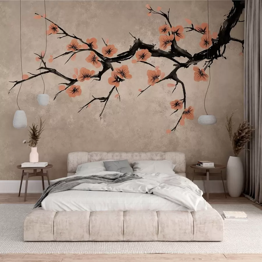 Papier peint Branche fleurie de fleurs de pêcher sur fond texturé w05425v3