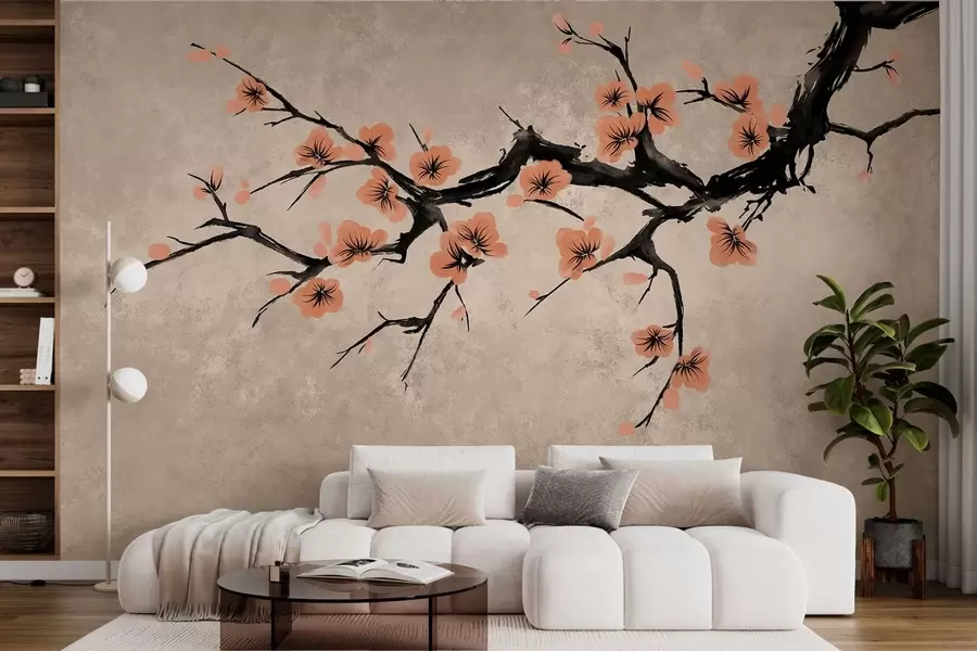 Papier peint Branche fleurie de fleurs de pêcher sur fond texturé w05425v3