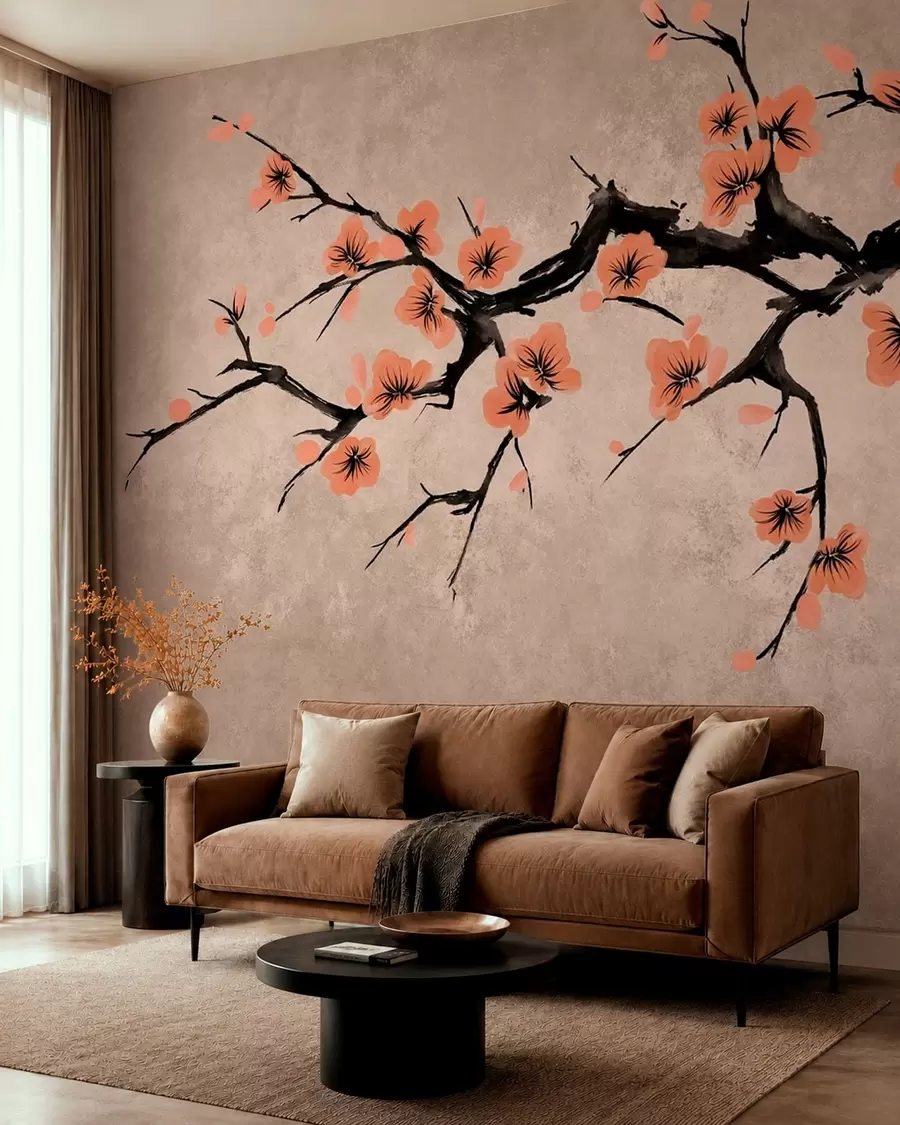 Papier peint Branche fleurie de fleurs de pêcher sur fond texturé w05425v3