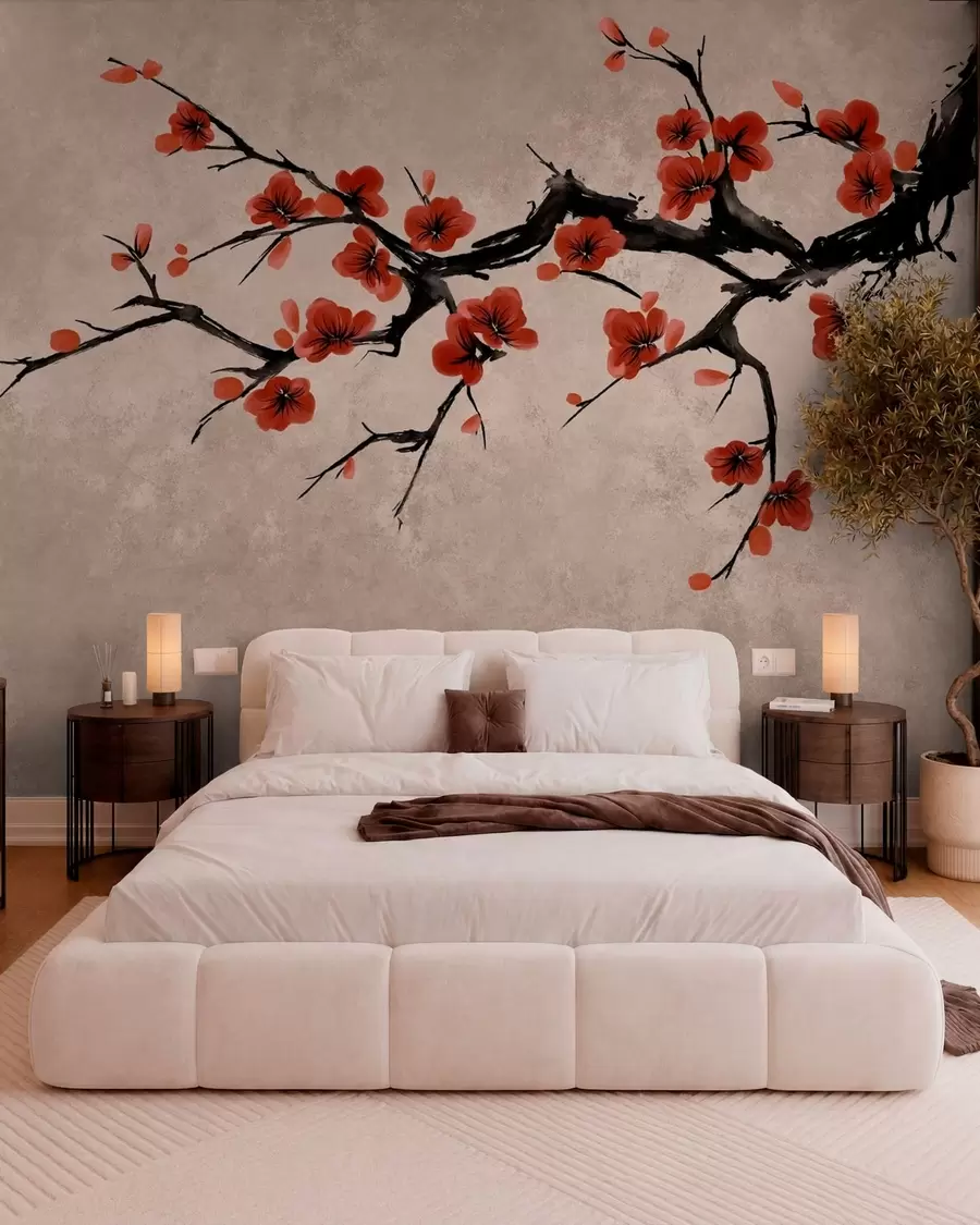 Papier peint Branche fleurie de style oriental sur fond beige w05425v4