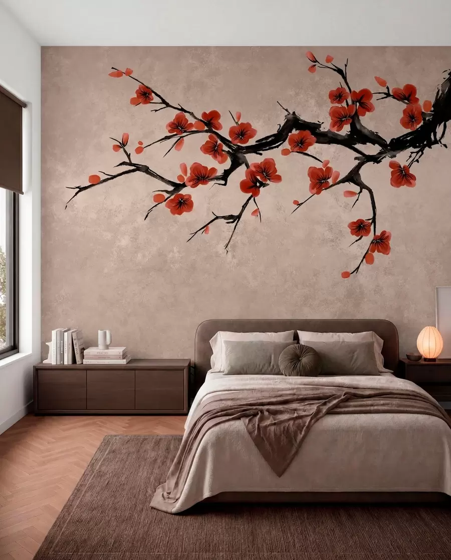 Papier peint Branche fleurie de style oriental sur fond beige w05425v4