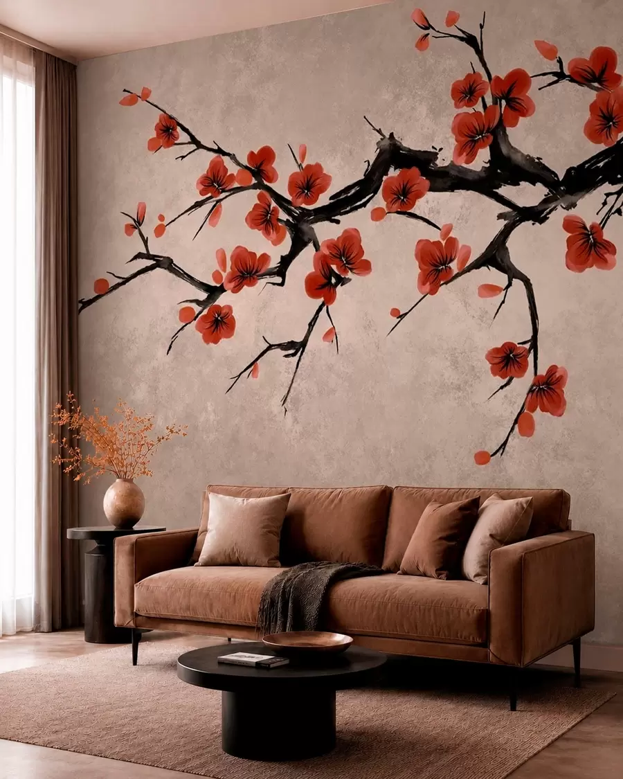 Papier peint Branche fleurie de style oriental sur fond beige w05425v4
