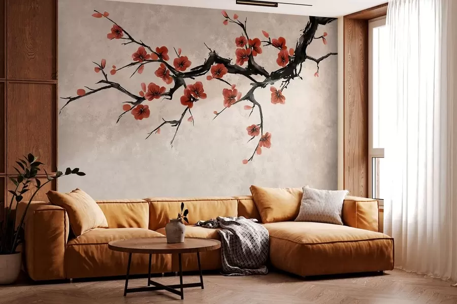 Papier peint Branche fleurie de style oriental sur fond beige w05425v4