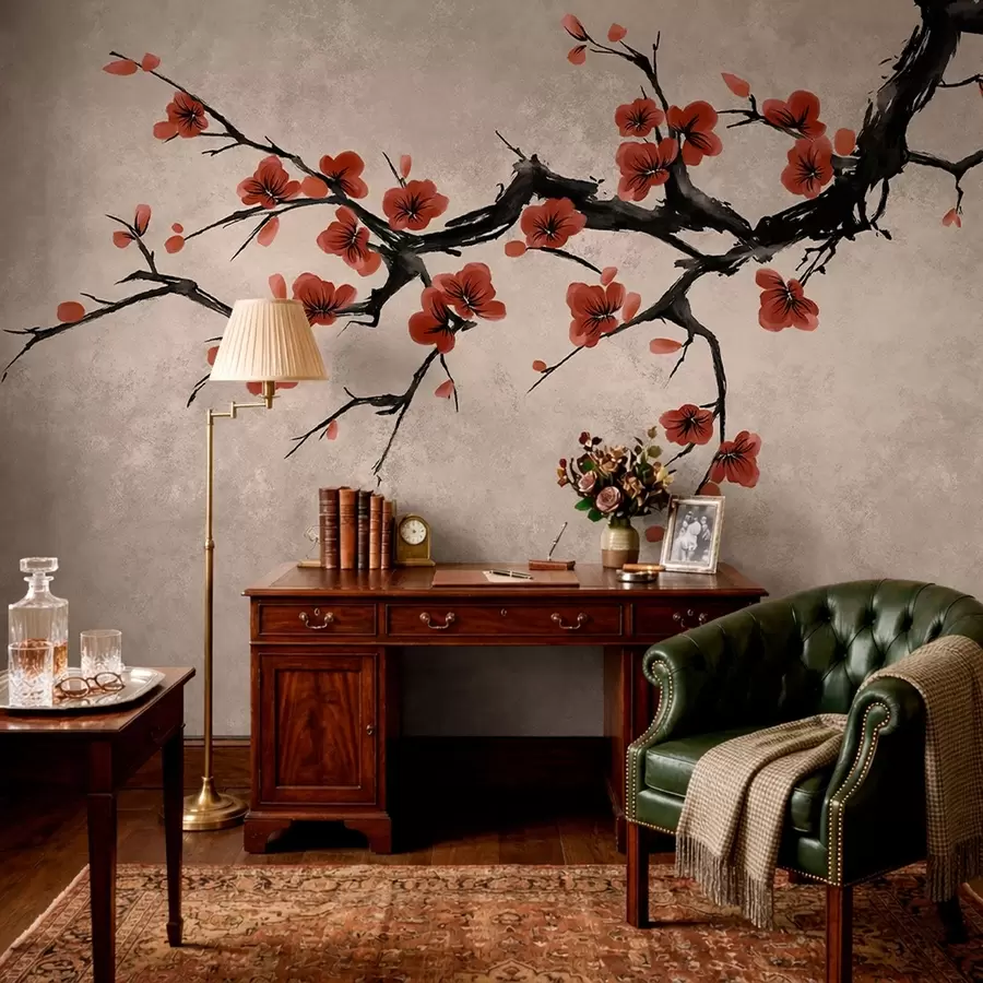 Papier peint Branche fleurie de style oriental sur fond beige w05425v4