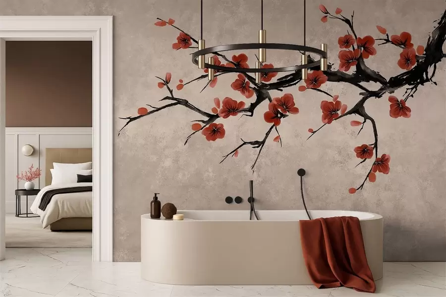 Papier peint Branche fleurie de style oriental sur fond beige w05425v4