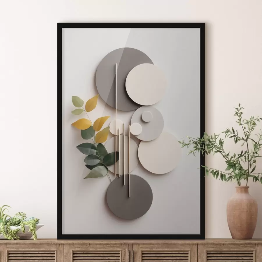 Papier peint Cercles géométriques accompagnés d'une branche feuillue verte f48598